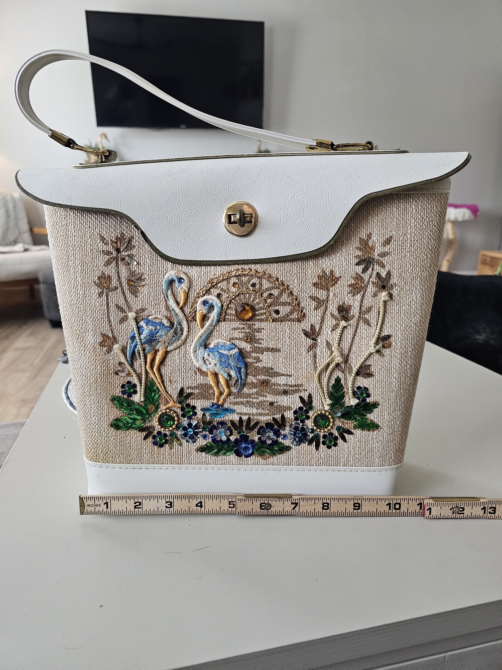 Vintage Embroidered Top-Handle Bag in Cream and White